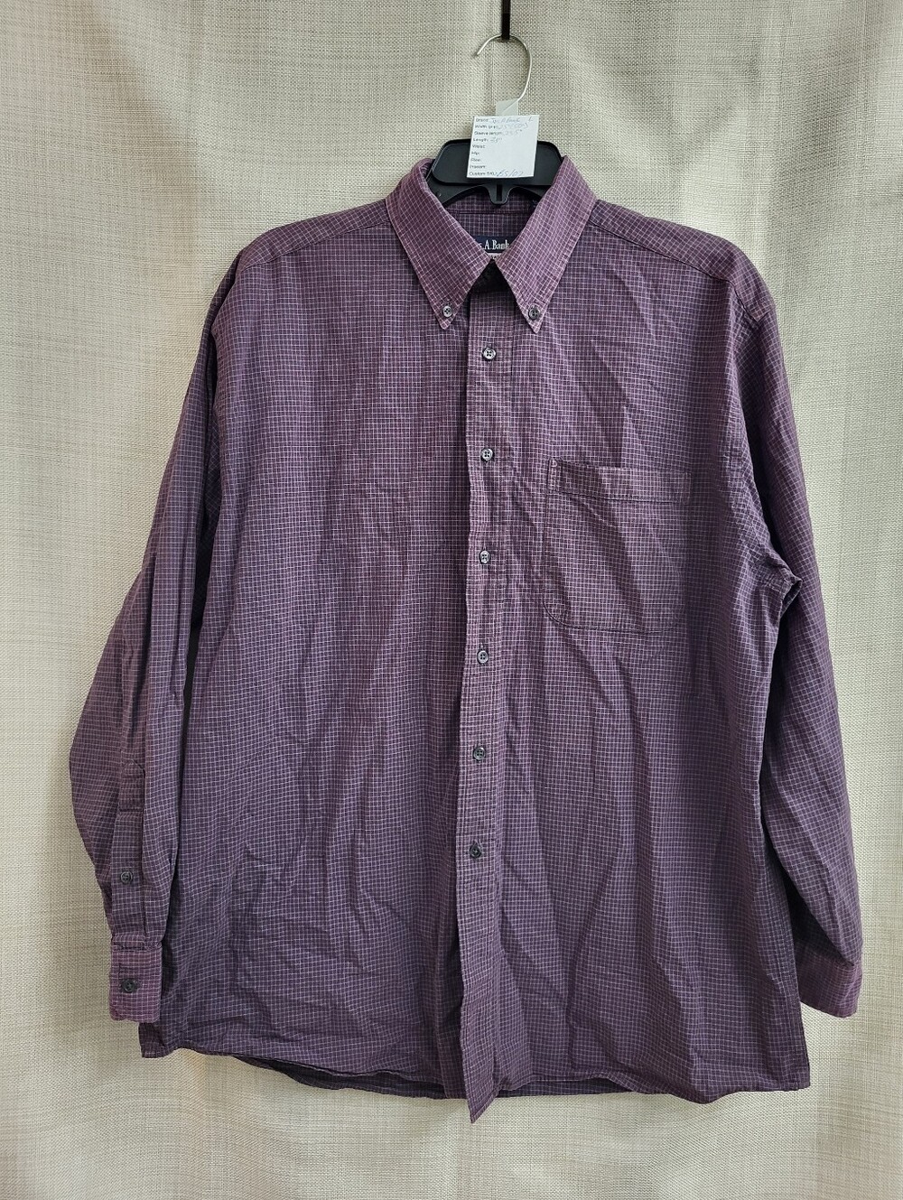 Jos A Bank Men's Sportswear Shirt Purple Check Long Sleeve Button Down Size Lg